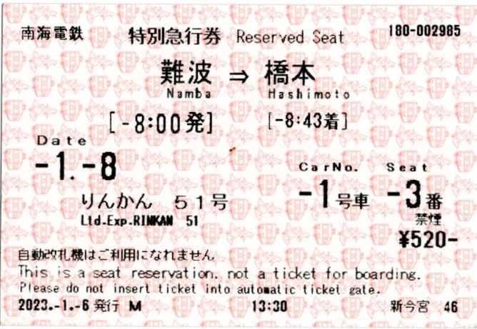 特急券(31000系・特急りんかん51号)(2023.1.8)